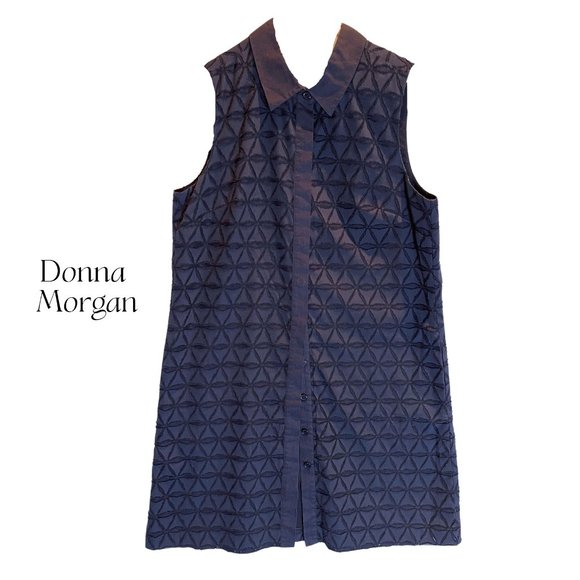 DONNA MORGAN NAVY GEO BURNOUT SHIRT DRESS TAILORED SHIFT DRESS, TRIANGLE MOTIF 8 - Picture 2 of 3